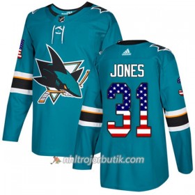 Män Ishockey San Jose Sharks Tröja Martin Jones 31 Adidas 2017-2018 Teal USA Flag Fashion Authentic